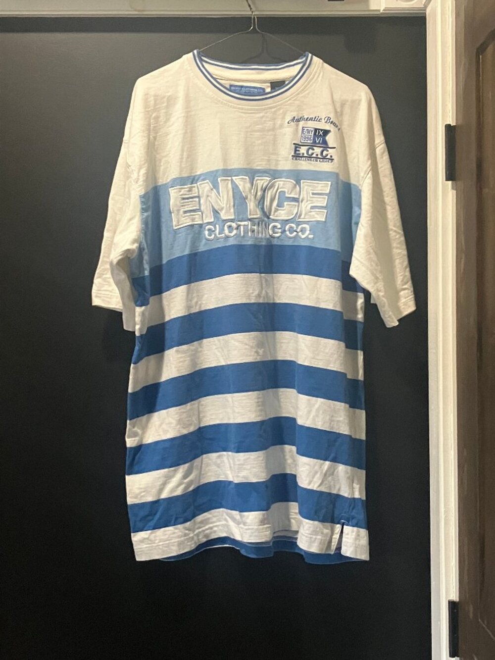Vintage Enyce E.C.C. Challenger Group Blue & White Striped Shor-sleeve Shirt XXL